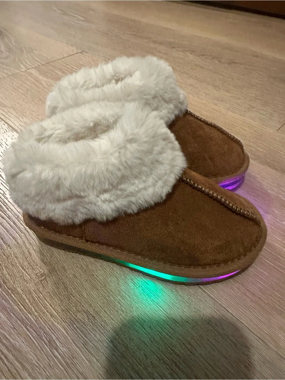 Kids Brown Faux-Shearling Light-Up Slippers